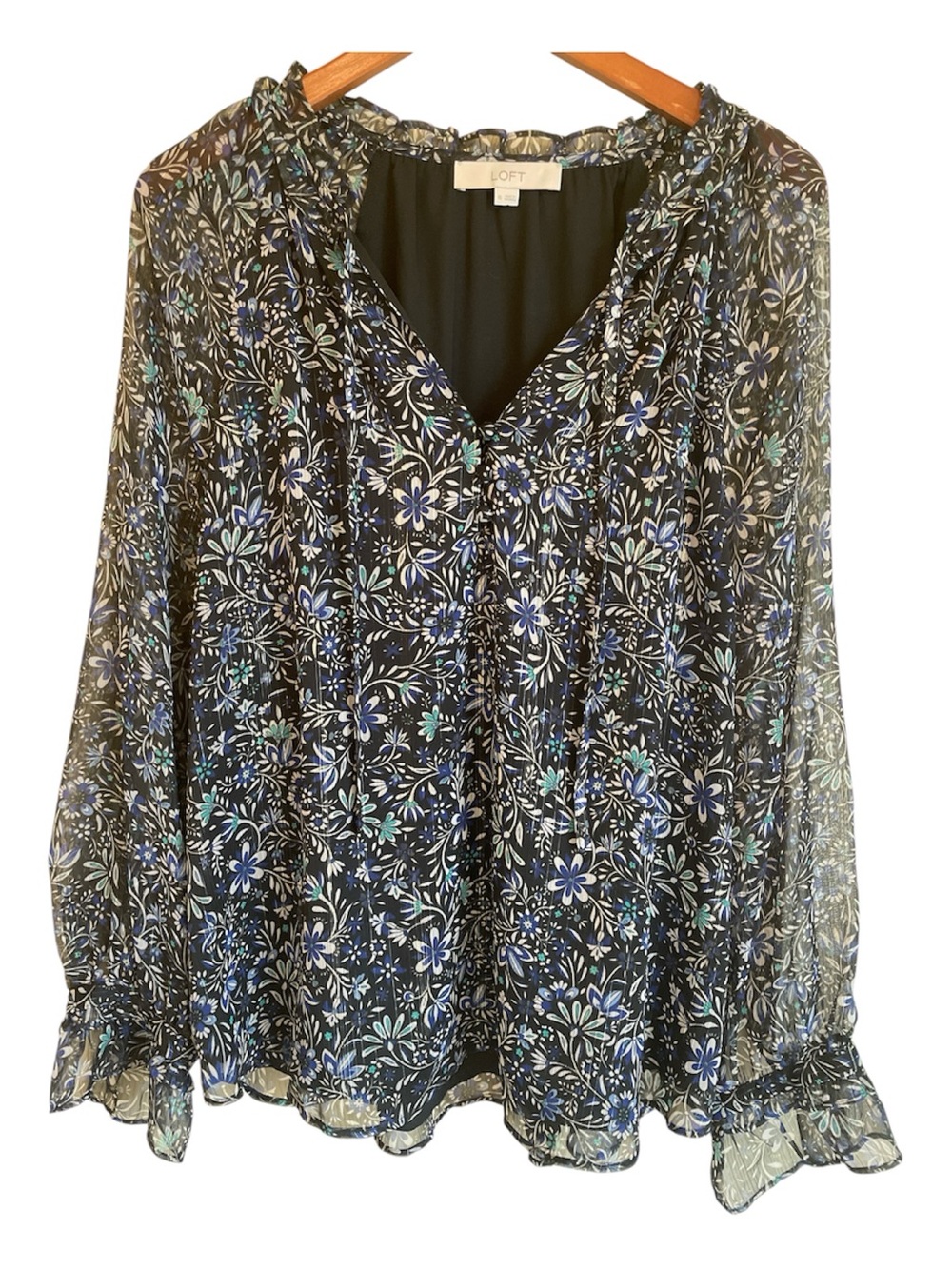 LOFT Black Floral Sheer Ruffled Long-Sleeve Blouse